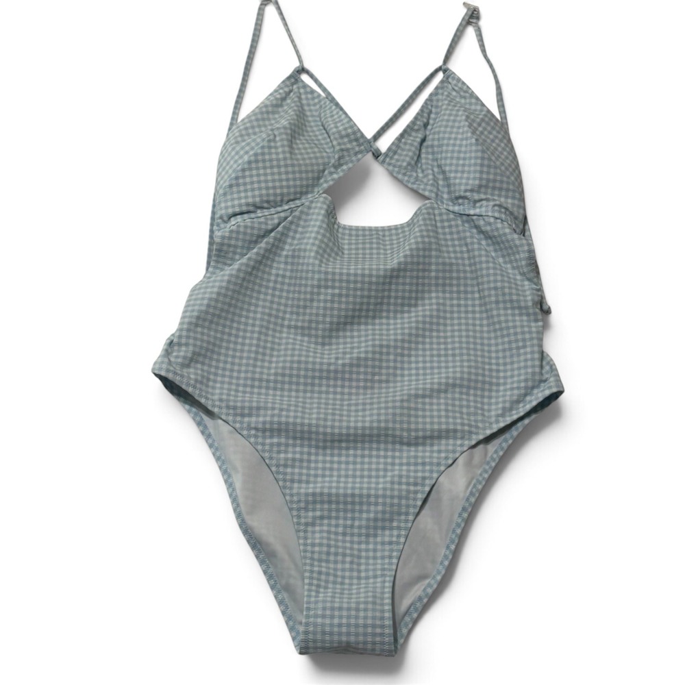 Victoria's Secret One Piece Swimsuit XL Blue Gingham Cutout Womens Excellent